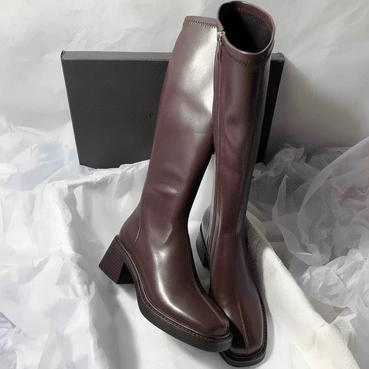 Botas Femininas Altas até ao Joelho - Salto Grosso com Zíper Lateral